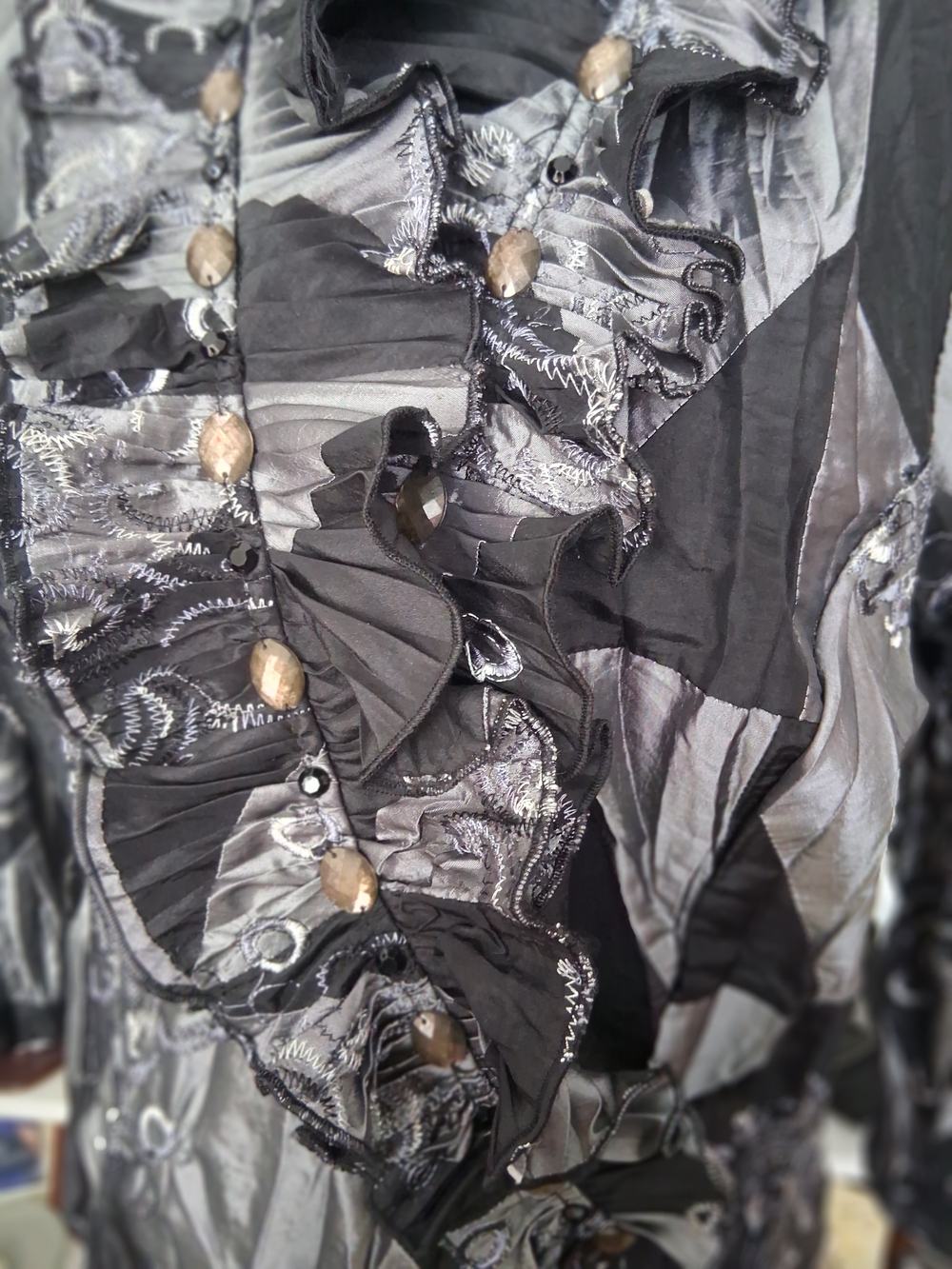 Adrienne Vittadini Black and Gray Ruffled Blouse
